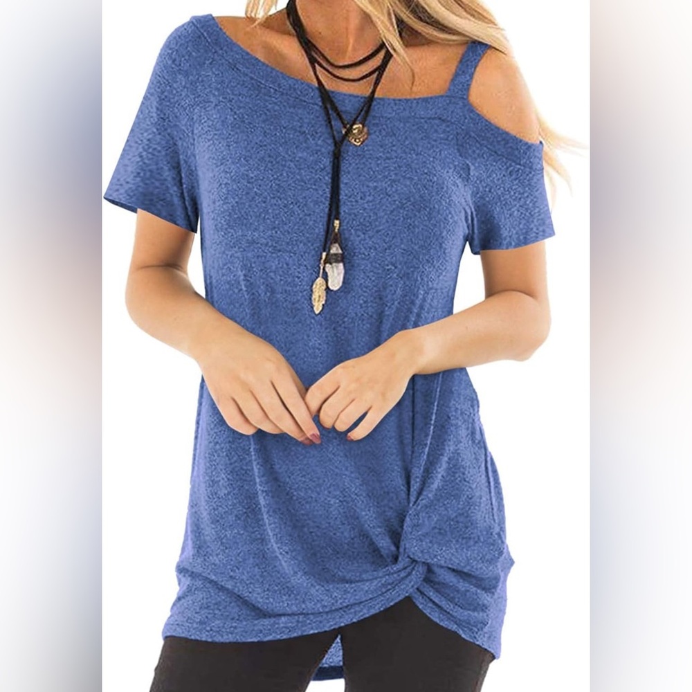 TEMOFON Women Cold Shoulder Tops: Summer Short Sleeve Shirts Casual Twist Knot